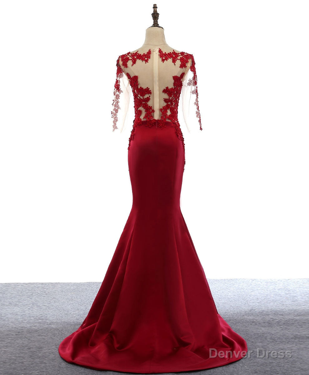 Burgundy Round Neck Lace Satin Mermaid Long Prom Dress Lace Formal Dress Secondary image