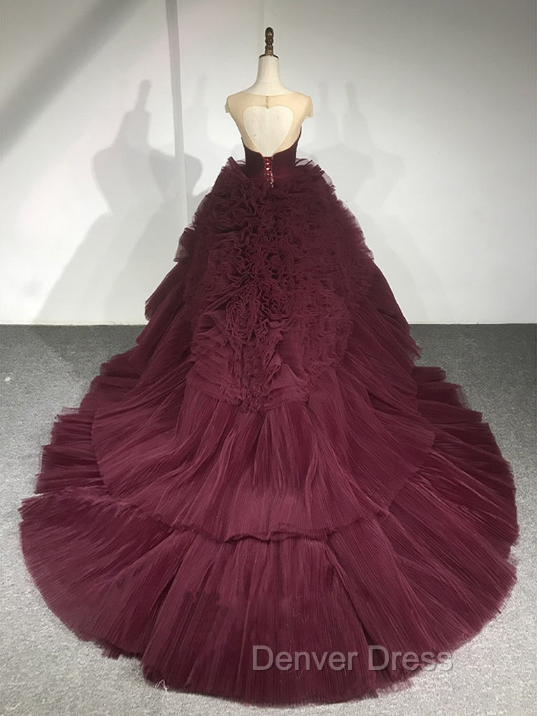 Burgundy Round Neck Tulle Burgundy Long Prom Gown, Burgundy Long Evening Dresses Secondary image