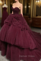 Burgundy Round Neck Tulle Burgundy Long Prom Gown, Burgundy Long Evening Dresses
