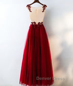 Burgundy round neck tulle lace long prom Dress, bridesmaid Dresses