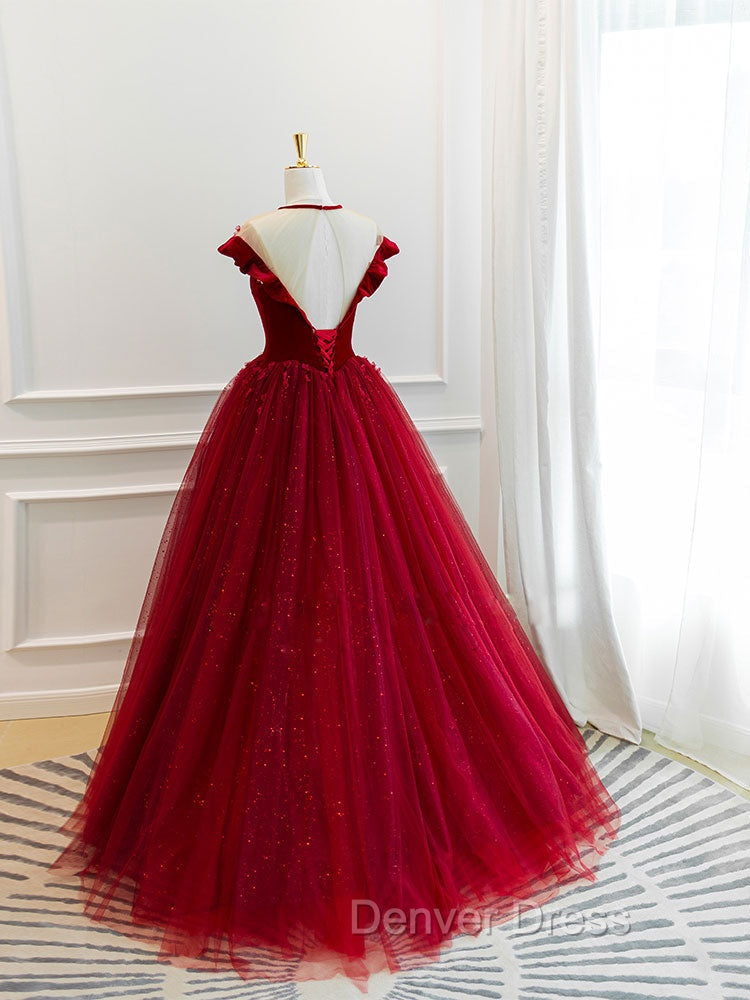 Burgundy Round Neck Tulle Lace Long Prom Dresses, Burgundy Evening Dresses