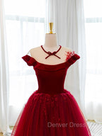 Burgundy Round Neck Tulle Lace Long Prom Dresses, Burgundy Evening Dresses