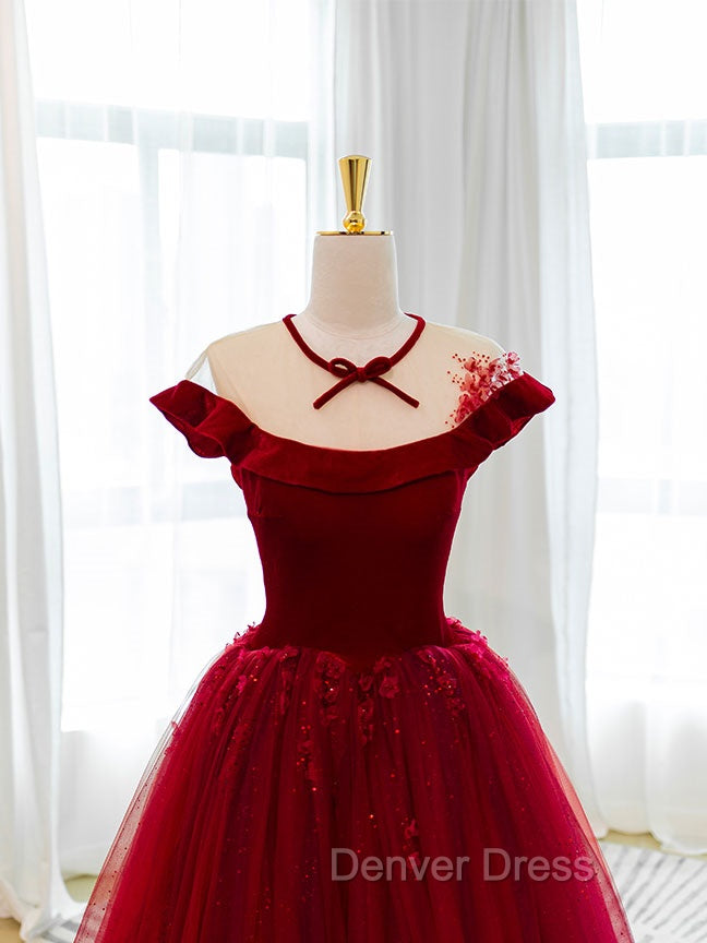 Burgundy Round Neck Tulle Lace Long Prom Dresses, Burgundy Evening Dresses