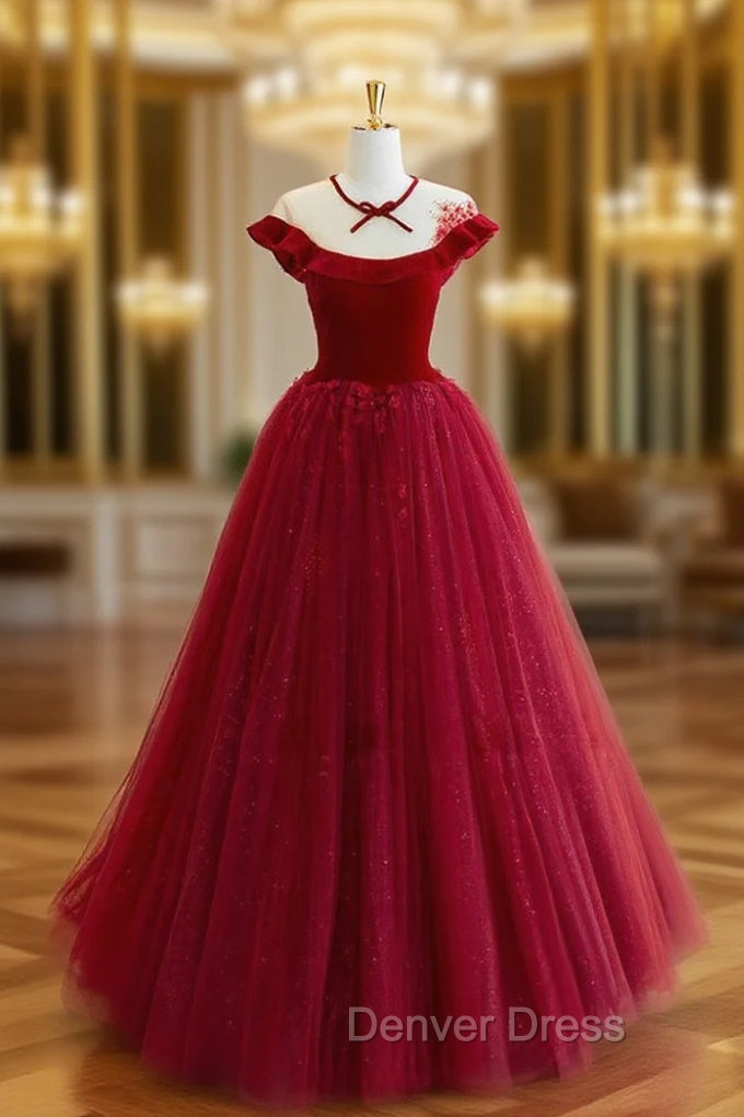 Burgundy Round Neck Tulle Lace Long Prom Dresses, Burgundy Evening Dresses