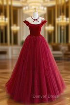 Burgundy Round Neck Tulle Lace Long Prom Dress, Burgundy Prom Dresses