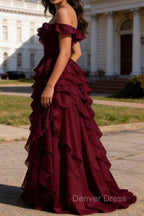 Burgundy Ruffled A-Line Square Neck Long Prom Dresses