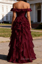 Burgundy Ruffled A-Line Square Neck Long Prom Dresses