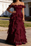 Burgundy Ruffled A-Line Square Neck Long Prom Dresses