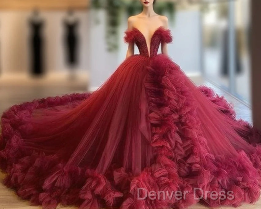 Burgundy Ruffles Wedding Dresses Tulle Skirt Ball Gowns Sexy Plunge V-Neck Bridal Wedding Prom Gown Main image