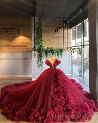 Burgundy Ruffles Wedding Dresses Tulle Skirt Ball Gown Sexy Plunge V-Neck Bridal Wedding Prom Gowns