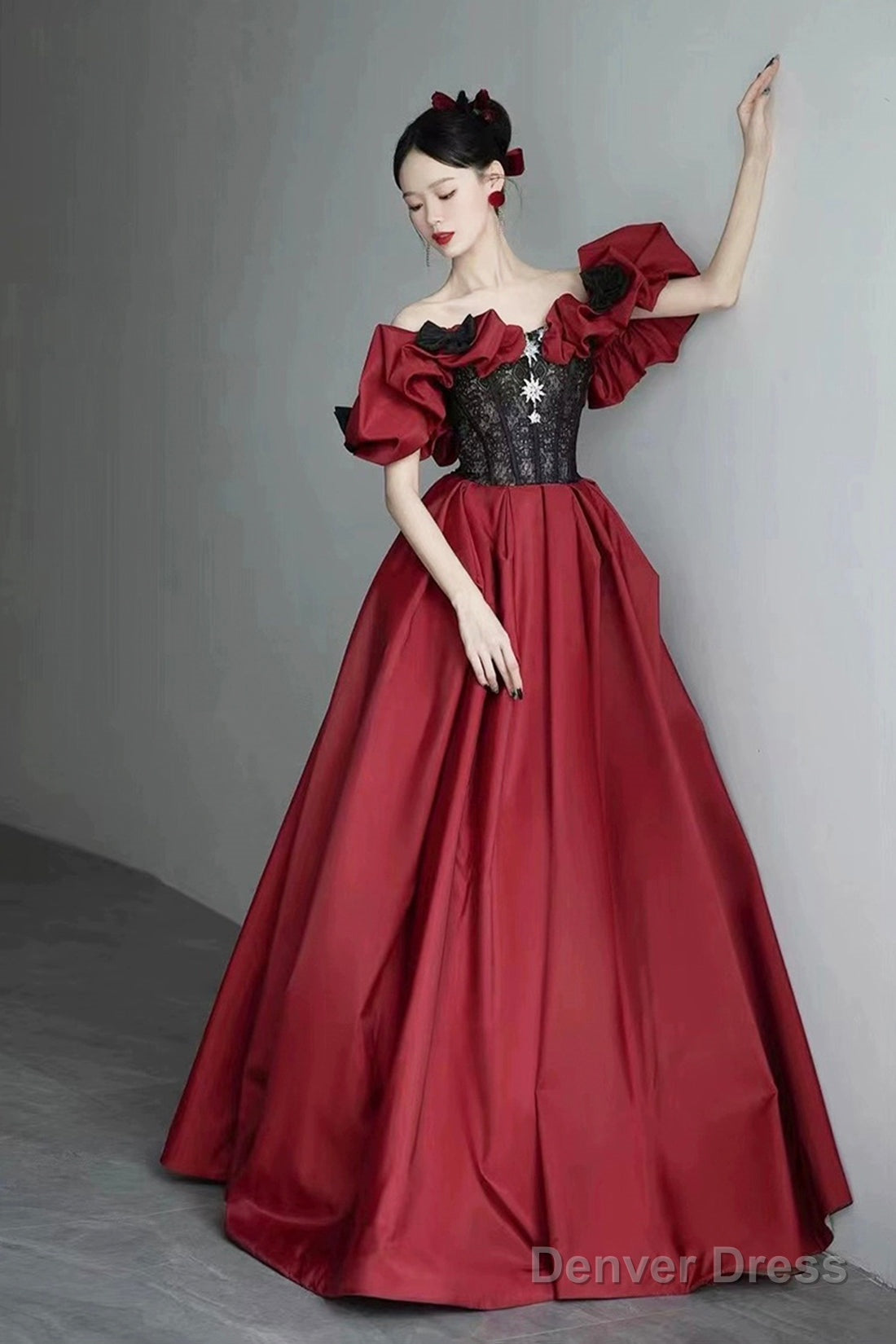 Burgundy Satin And Black Lace Floor Length Prom Dress, Off The Shoulder Evening Party Dress Main image