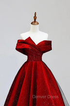 Burgundy Satin And Black Tulle Long Prom Dresses, Beautiful A-Line Party Dresses