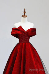 Burgundy Satin And Black Tulle Long Prom Dress, Beautiful A-Line Party Dress