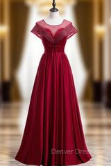 Burgundy Satin Backless Cap Sleeve Beading Pleats Prom Dresses