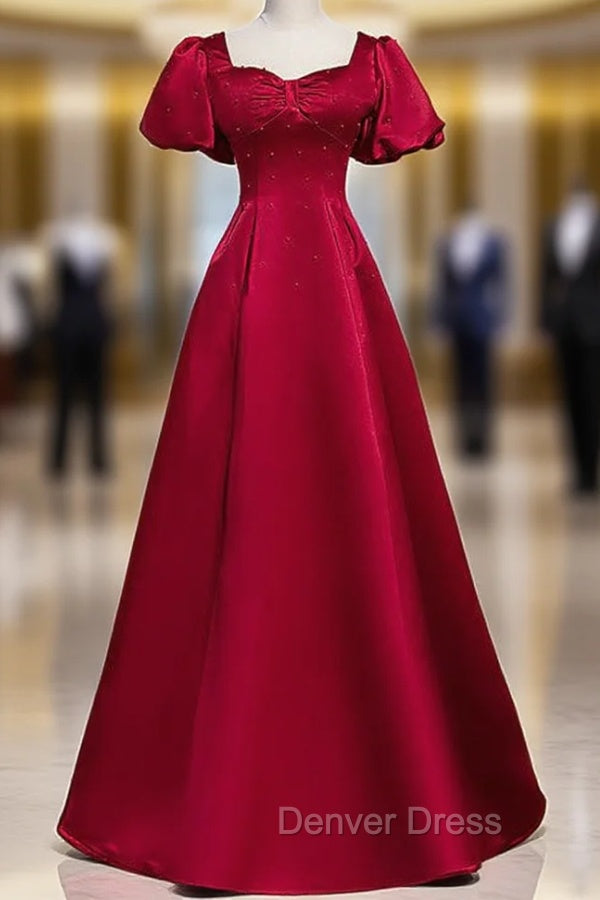 Burgundy Satin Backless Puff Sleeve Beading Prom Dresses