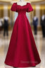Burgundy Satin Backless Puff Sleeve Beading Prom Dresses