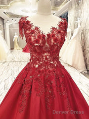 Burgundy Satin Ball Gowns Dresses Lace Embroidery For Wedding Party