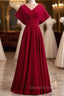 Burgundy Satin Bat Sleeve V Neck Prom Dresses