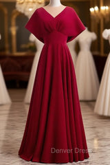 Burgundy Satin Bat Sleeve V-neck Prom Dresses