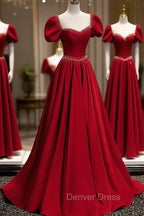 Burgundy Satin Beads Long Prom Dress, Burgundy Long Prom Dresses