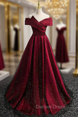 Burgundy Satin Black Tulle Off the Shoulder Pleats Prom Dresses