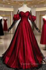 Burgundy Satin Black Tulle Sweetheart Prom Dresses
