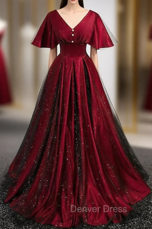 Burgundy Satin Black Tulle V Neck Prom Dresses