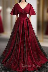 Burgundy Satin Black Tulle V-neck Prom Dresses
