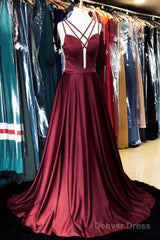 Burgundy Satin Cross Straps Long A Line Prom Dress