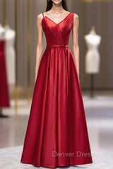 Burgundy Satin Dissymmetry Neck Beading Prom Dresses