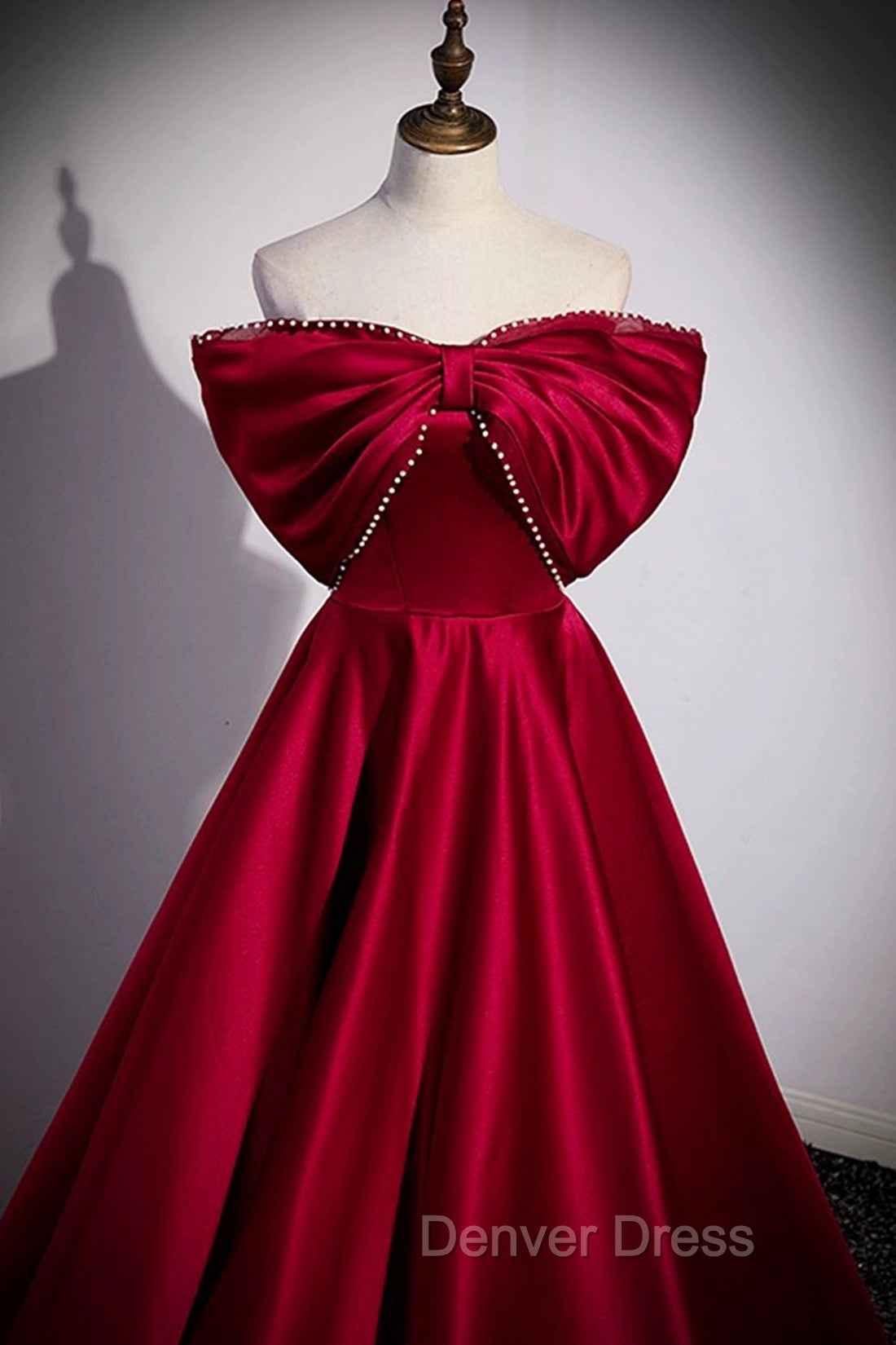 Burgundy Satin Floor Length Prom Dress, A Line Off the Shoulder Prom Dresses