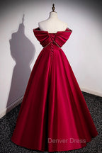 Burgundy Satin Floor Length Prom Dress, A Line Off the Shoulder Prom Dresses