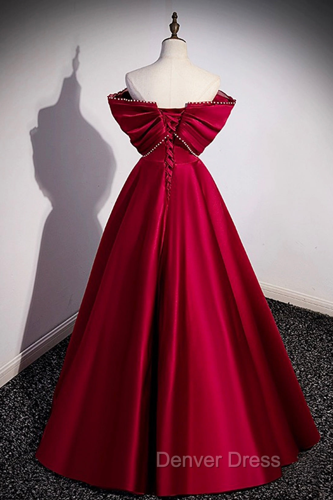 Burgundy Satin Floor Length Prom Dress, A Line Off the Shoulder Prom Dresses