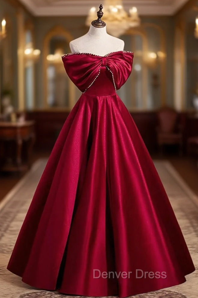 Burgundy Satin Floor Length Prom Dresses, A-Line Off the Shoulder Evening Party Dresses