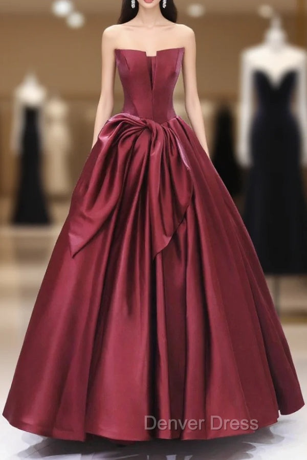 Burgundy Satin Floor Length Prom Dresses, Beautiful A-Line Evening Party Dresses Main image