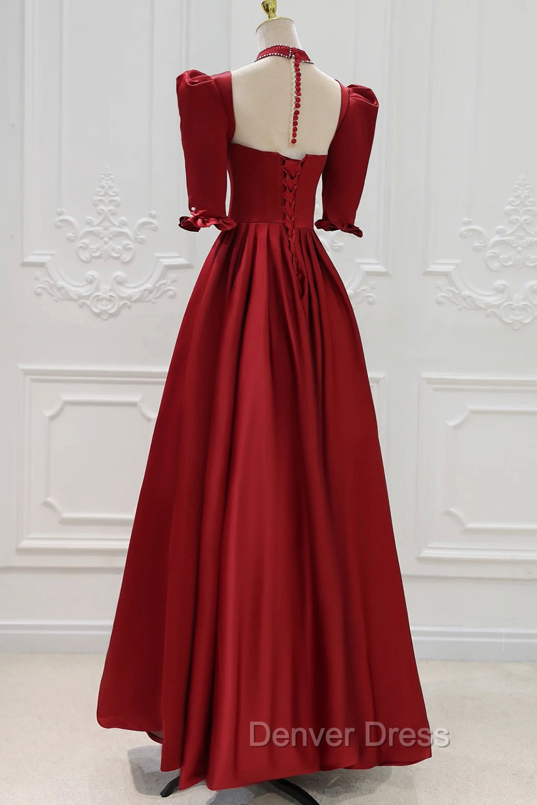 Burgundy Satin High Neck Long Prom Dresses, Burgundy A-Line Evening Party Dresses