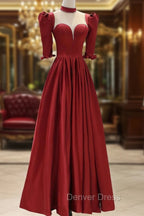 Burgundy Satin High Neck Long Prom Dresses, Burgundy A-Line Evening Party Dresses