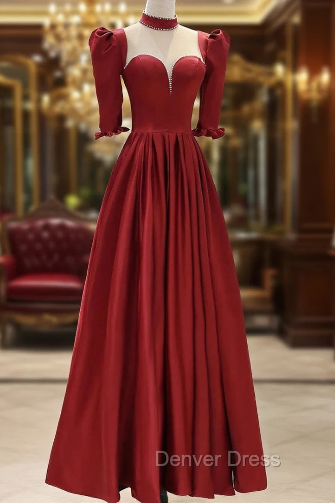 Burgundy Satin High Neck Long Prom Dresses, Burgundy A-Line Evening Party Dresses