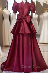 Burgundy Satin High Neck Puff Sleeve Bow Prom Dresses