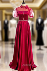 Burgundy Satin High Neck Short Sleeve Backless Beading Prom Dresses