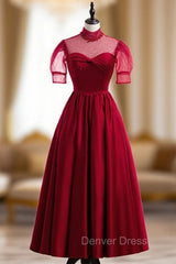 Burgundy Satin High Neck Short Sleeve Pleats Pearls Prom Dresses