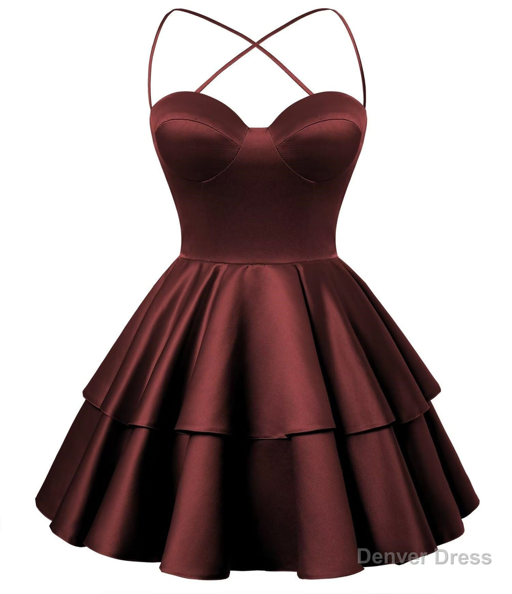 Burgundy Satin Homecoming Dress Sweetheart Neck Tiered Short Graduatio