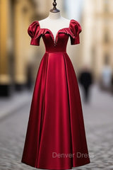 Burgundy Satin Illusion Neck Short Sleeve Prom Dresses