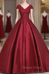 Burgundy Satin Lace Applique Scoop Neckline Long Prom Dresses