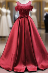 Burgundy Satin Lace Bow Prom Dresses