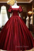 Burgundy Satin Long A-Line Prom Dresses,  Burgundy Formal Evening Dresses