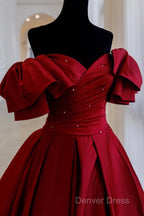 Burgundy Satin Long A Line Prom Dresses Evening Dresses