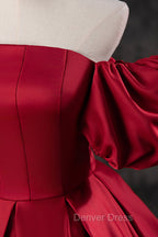 Burgundy Satin Long A-Line Prom Dresses, Off the Shoulder Evening Party Dresses