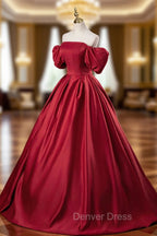 Burgundy Satin Long A Line Prom Dress, Off the Shoulder Prom Dresses