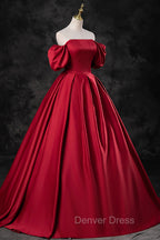 Burgundy Satin Long A-Line Prom Dresses, Off the Shoulder Evening Party Dresses